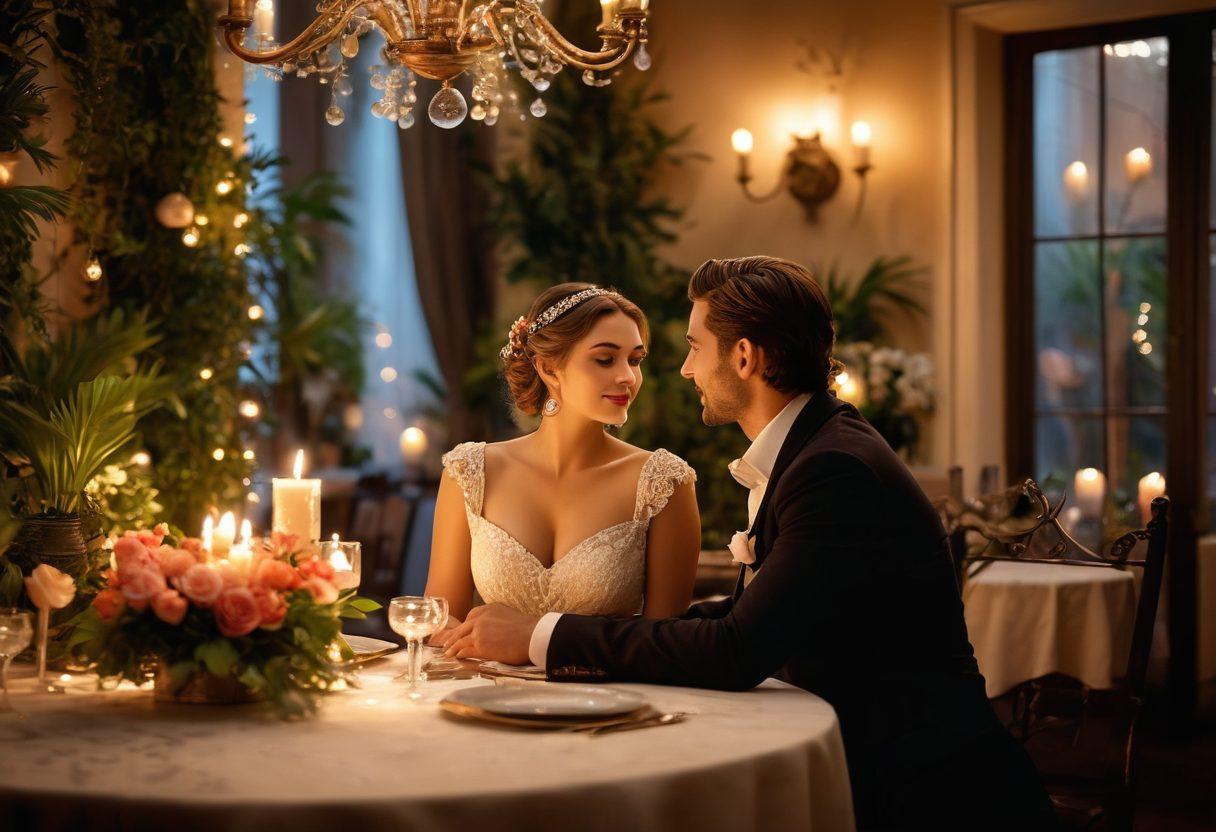 A captivating scene showcasing a charming couple immersed in a romantic dinner setting, adorned with exquisite decorations and soft candlelight, highlighting a voluptuous woman exuding confidence and allure. The man gazes at her with admiration, surrounded by an intimate atmosphere and elegant attire. Enhance the backdrop with lush plants and twinkling fairy lights for an enchanting effect. vibrant colors. soft focus. 3D.