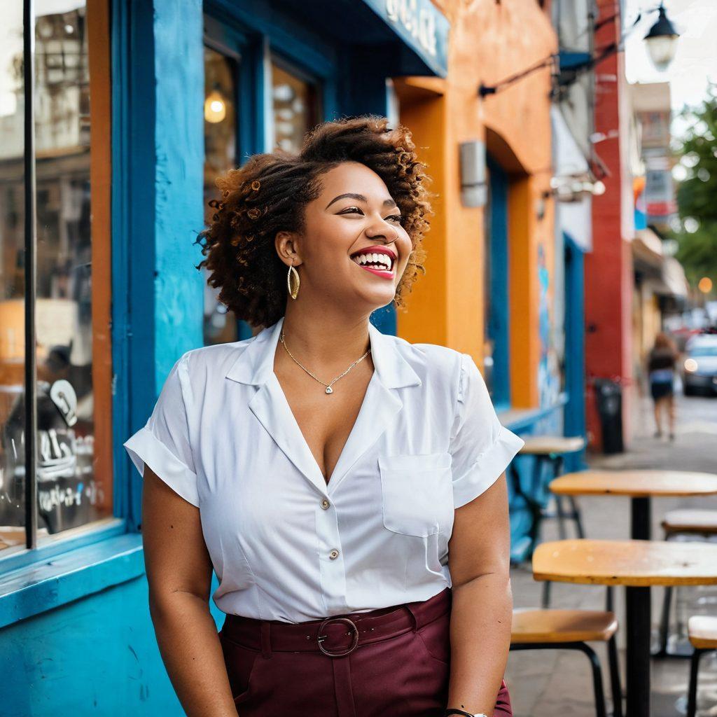 A confident, curvy woman with an independent spirit, dressed in stylish, modern attire, laughing joyfully in a vibrant urban setting. Her strong posture exudes empowerment, while a romantic café setting in the background suggests a charming date atmosphere. Soft sunlight bathes the scene, creating an inviting ambiance. Colorful street art adorns nearby walls, reflecting a lively and artistic culture. vibrant colors. super-realistic. urban setting.