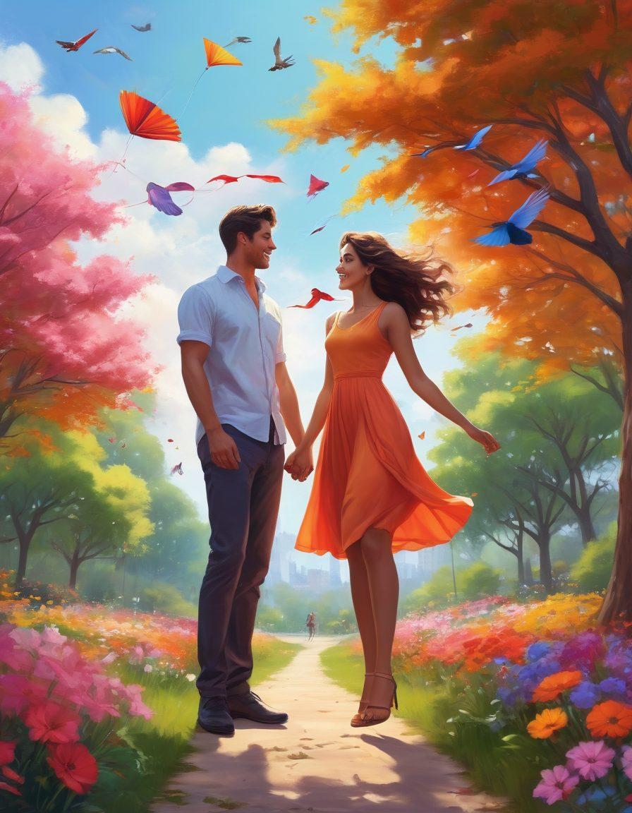 A whimsical scene depicting two independent souls sharing a playful flirtation in a vibrant city park. They are surrounded by colorful flowers and trees, with a soft breeze creating movement in their hair and clothes. The background features abstract representations of freedom, like birds and kites in the sky. The overall mood is joyful and carefree, invoking a sense of romance and adventure. super-realistic. vibrant colors. soft focus.